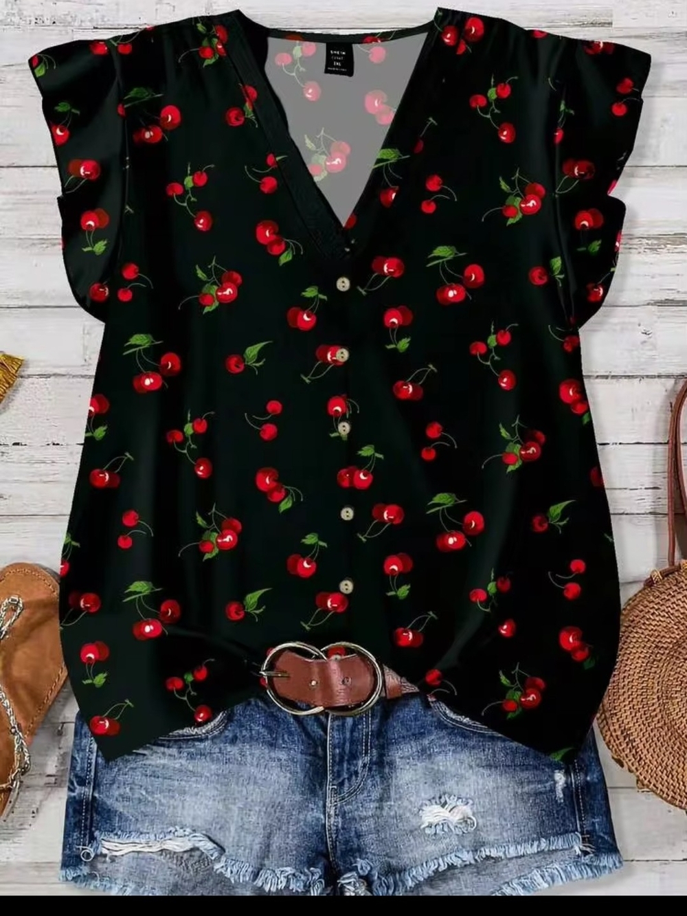 SHEIN Black Cherry Print Button-Front V-Neck Blouse